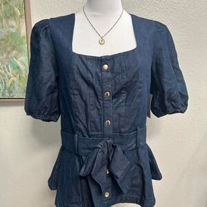 Nine West Adaptive Denim Peplum Top Puff Sleeve Square Neck - Size M